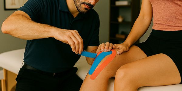 Chiropractor applying kinesiology tape on a woman's knee for injury support.