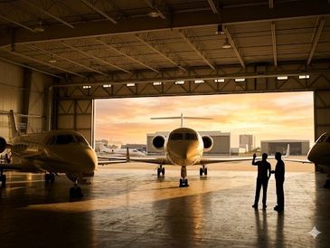 Two people stand in an airplane hangar with private jets at sunset.