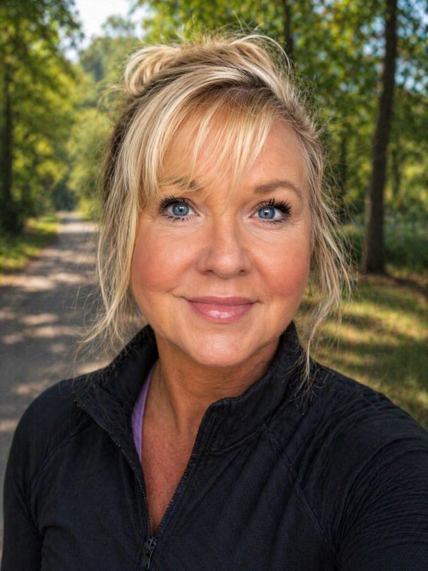 Smiling woman outdoors on a sunny day, dressed in black activewear.