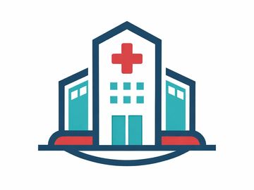 Stylized hospital building icon with a red cross symbol.