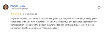 Positive review praising Skyler, an autism consultant, for exceptional care and professionalism.