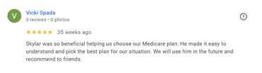 Positive review praising Skylar for helpful Medicare plan assistance.