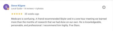 Positive Google review praising Skyler's Medicare guidance and professionalism.
