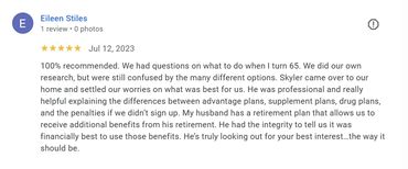 A positive customer review praising Skyler's knowledgeable and patient service.