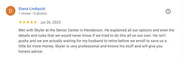 A positive Google review praising Skyler at the Senior Center in Henderson.