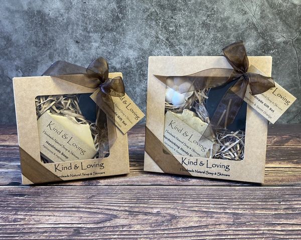 Kind & Loving gift sets including soap, hand and foot balm body butter and bath and shower bomb