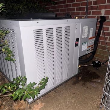 Outdoor air conditioning unit against brick wall.