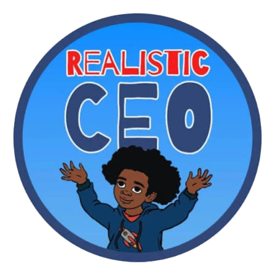 Cartoon boy with text 'Realistic CEO' on blue background.
