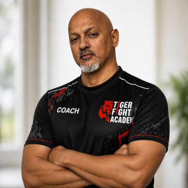 Confident coach with arms crossed in a Tiger Fight Academy shirt.