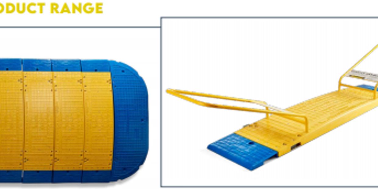 Modular yellow and blue ramp system for accessibility.