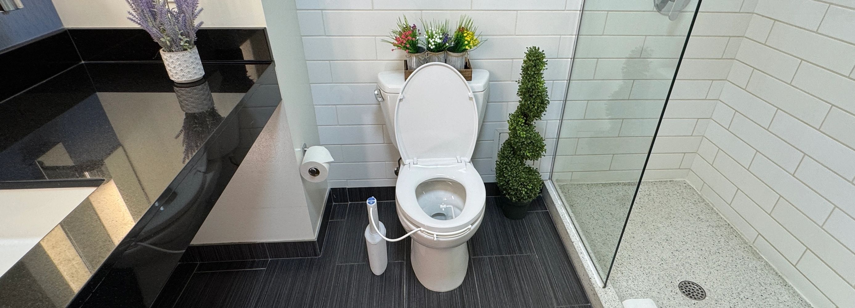 Modern bathroom with white toilet, black countertop, and decorative plants.