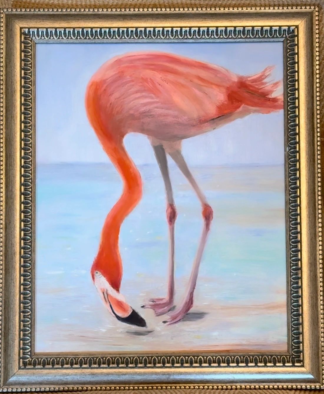 flamingo bird, blue water background