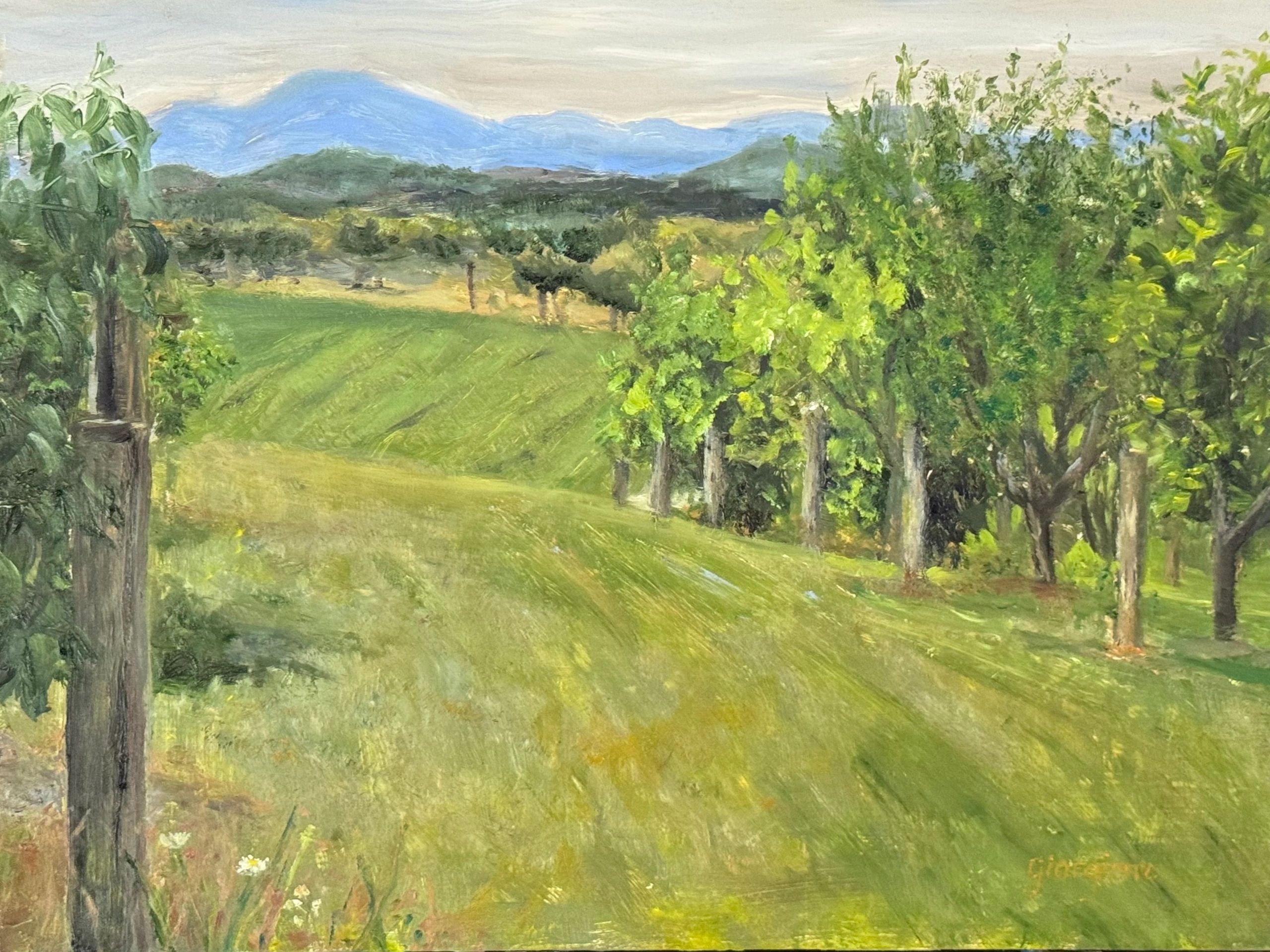 oil painting green fields and trees to Blue Ridge Mountains