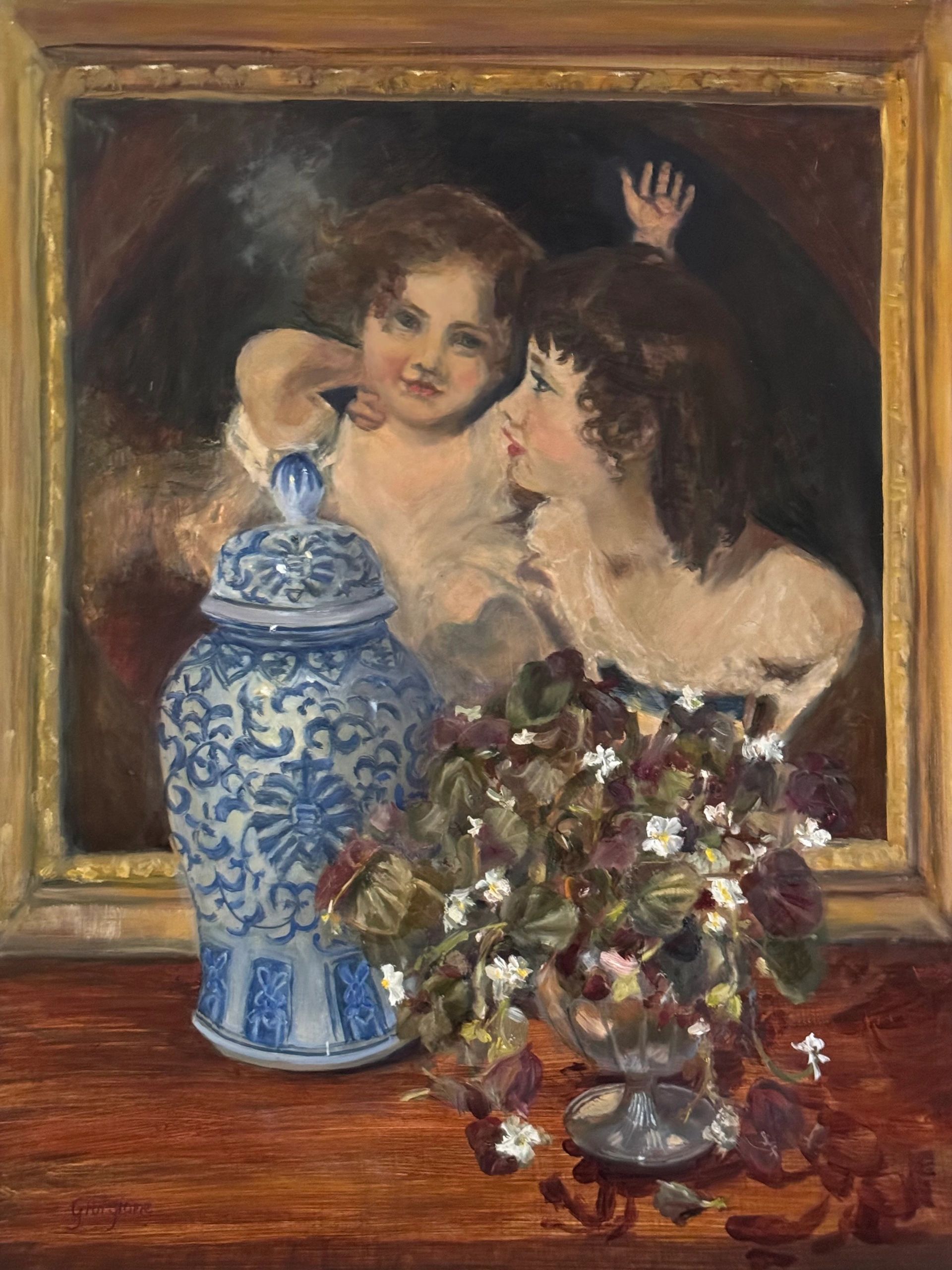 flowering begonias, blue and white vase, in front of  a framed painting of two girls