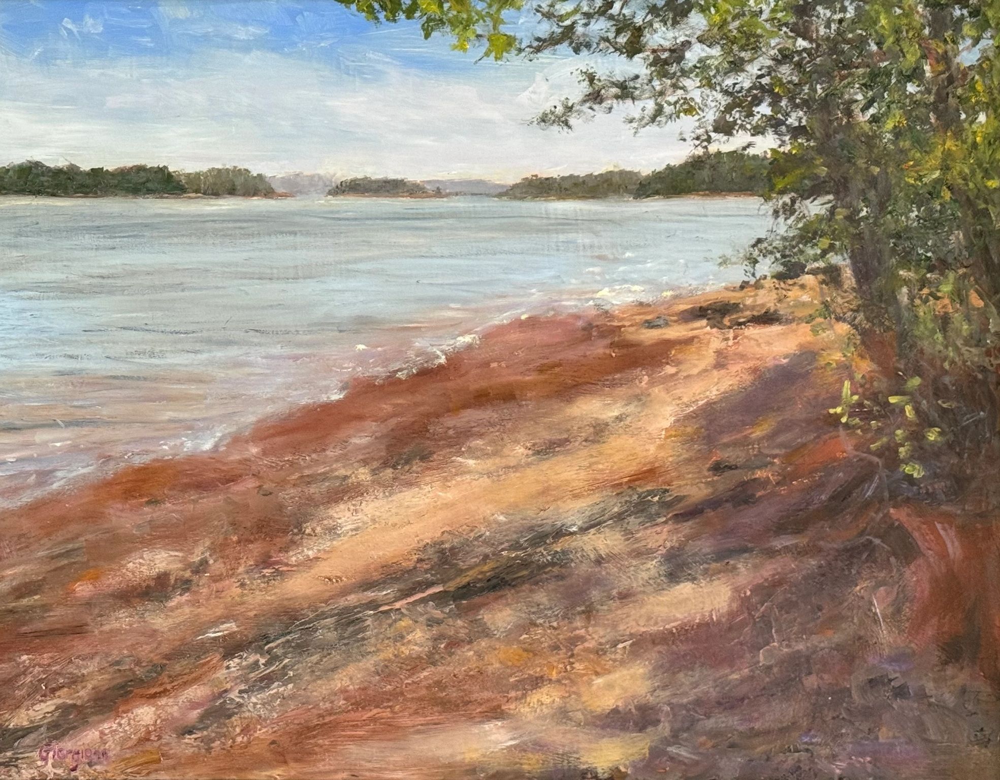 Oil painting lake calm water distant trees