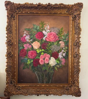 large Oil painting, bouquet of flowers, fancy ornate Gold frame
