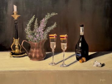 black Prosecco bottle opened, two champagne flutes, copper pitcher, Rosemary, brass candlestick