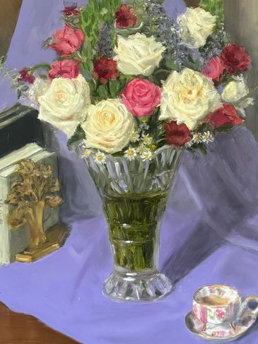 white roses, crystal vase, books, tea cup, lilac lavender cloth