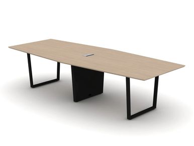 A conference table with a black base and a wooden top. 