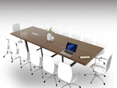 A conference table with white chairs and a laptop. A laptop on a conference table.