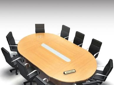 A conference table with chairs and a computer.
A meeting room with chairs and a computer on table