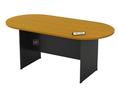 Oval conference table with black base and wooden top, suitable for meetings and conferences.