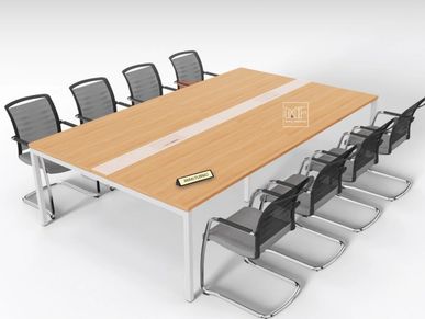A conference table with six chairs and a laptop on top.
Image of a conference table with six chairs