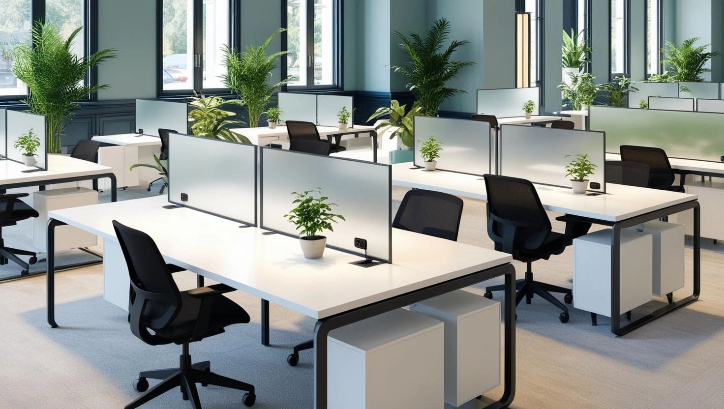 Office workstations, plants. For a collaborative workspace design.