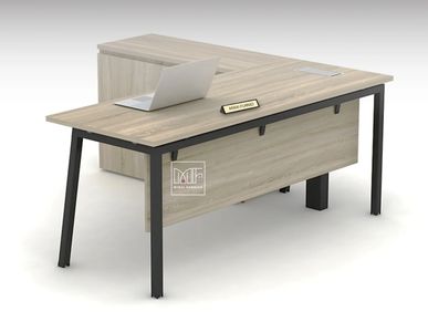 Office desk with a laptop, suitable for managerial use. A managerial desk in an office setting.