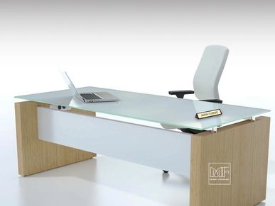 A modern glass-top office desk and table. A sleek managerial table with a glass top.