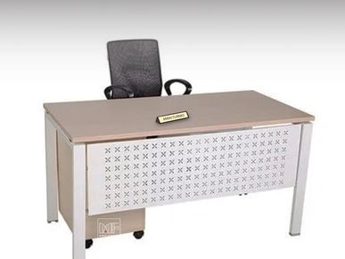White managerial desk with black managerial chair and managerial table.
