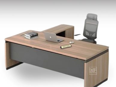 A modern office desk with a laptop on it.
A laptop on a managerial desk in a modern office.