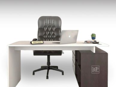 A white desk for managers with a laptop and a black chair. managerial table. managerial desk.
