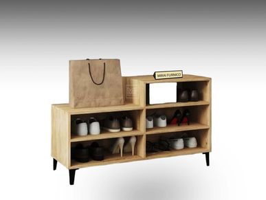 Wooden shoe storage with shoes and bags neatly organized.