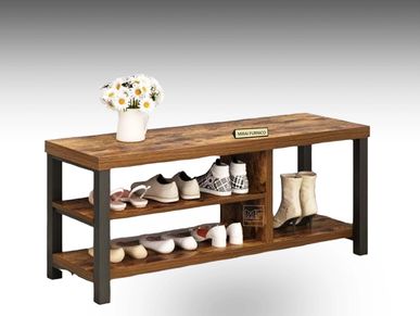 Modular open shoe racks featuring a wooden shoe rack with shoes.