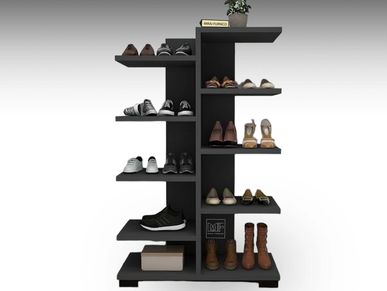 A modular open shoe rack filled with multiple pairs of shoes in various styles and colors.