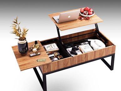 convertable  modern coffee table cum laptop table featuring a laptop, perfect for work or leisure.