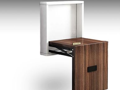 A foldable desk with a wooden top and a white cabinet. foldable table cum chair.