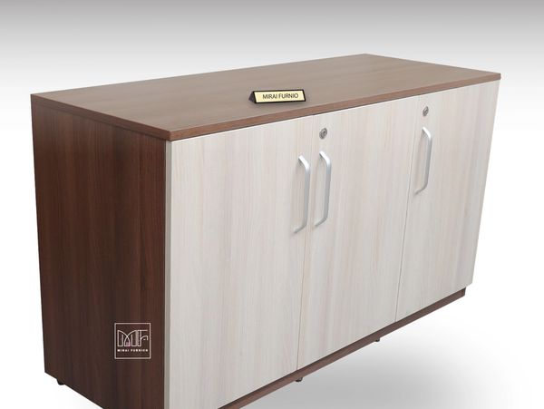 A white and brown storage cabinet with two doors. storage cabinets for office space.