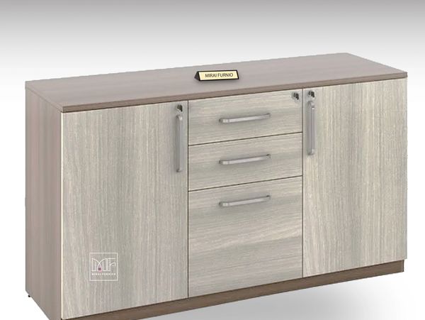 A sideboard with drawers and a computer on top, surrounded by storage cabinets. office cabinets.
