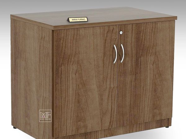 Wooden cabinet with two doors and key holder, perfect for storing valuables. storage cabinets.