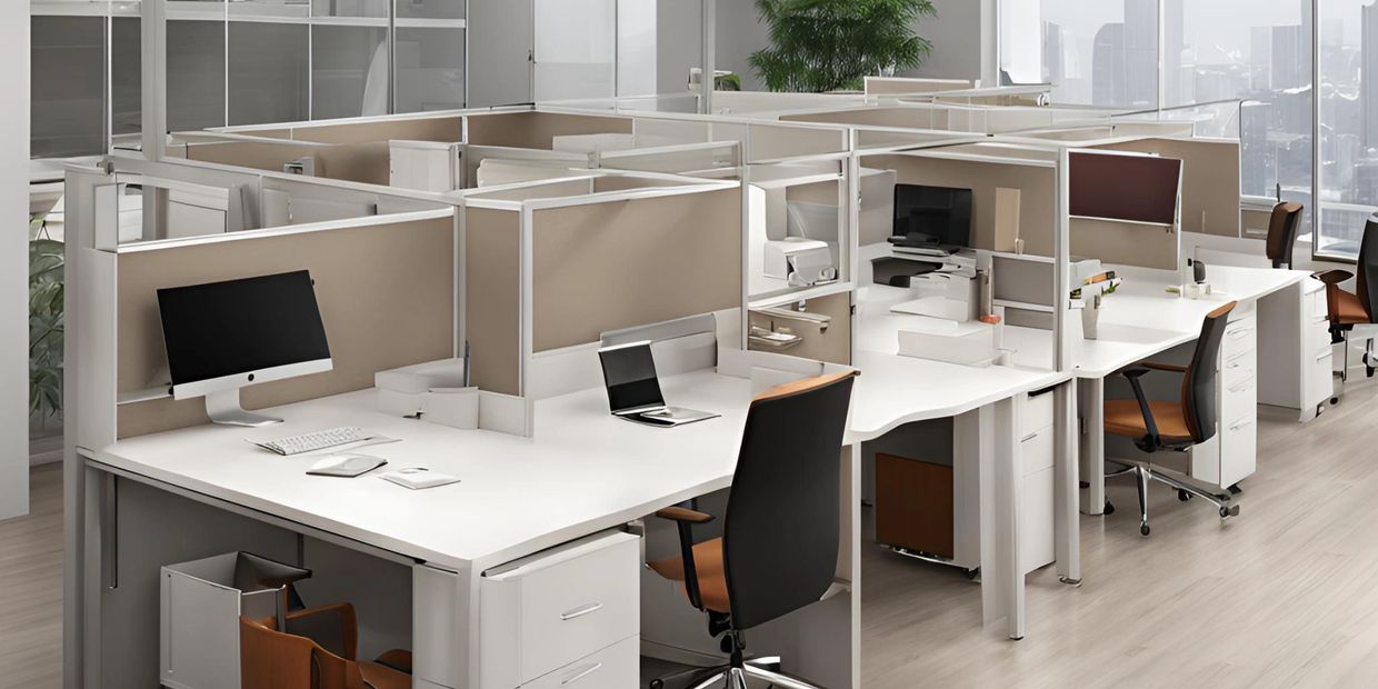 Ergonomic office workstations with beige dividers, sleek chairs, and a tidy productive layout






