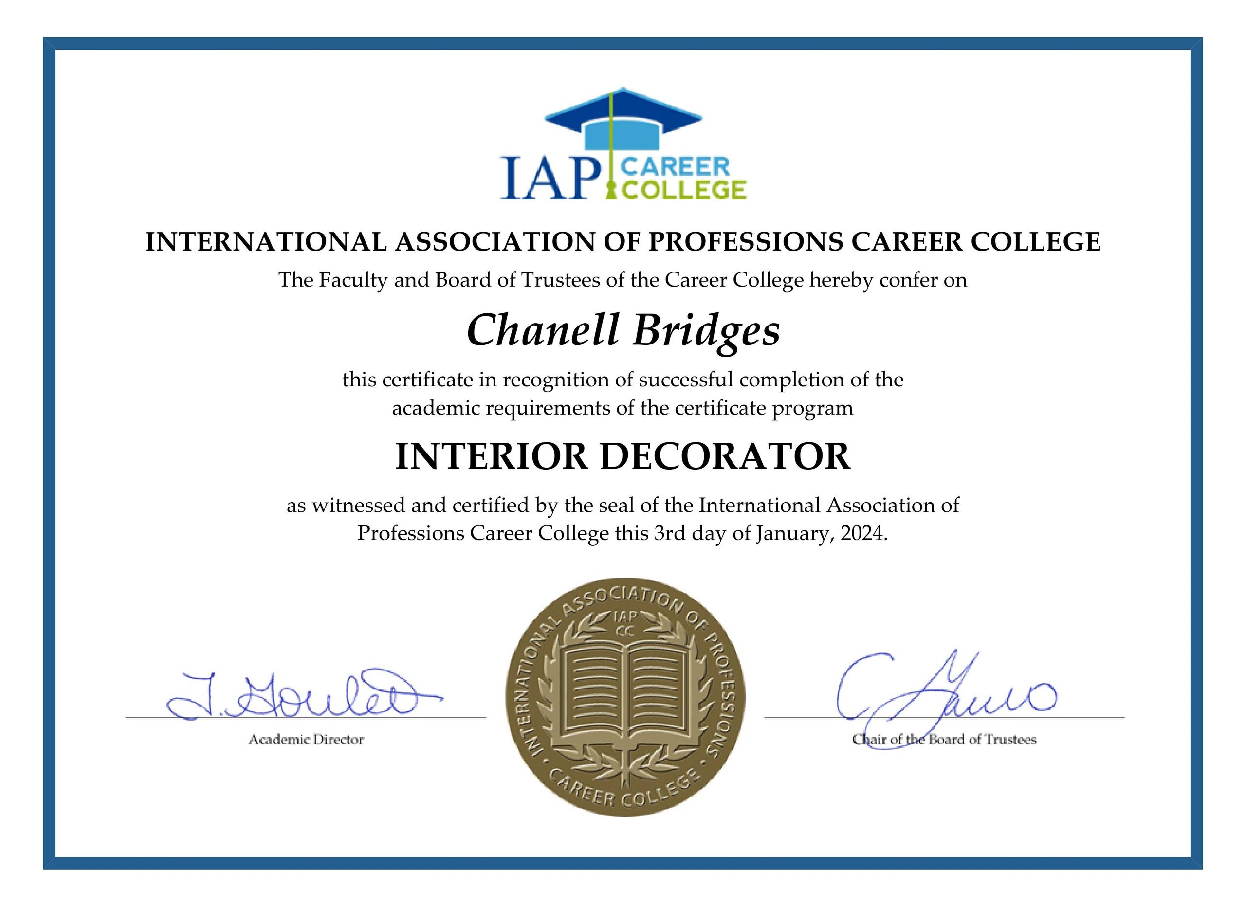 Professional Home Decorating Certification - Chanell Bridges - Castle Rock and surrounding areas.
