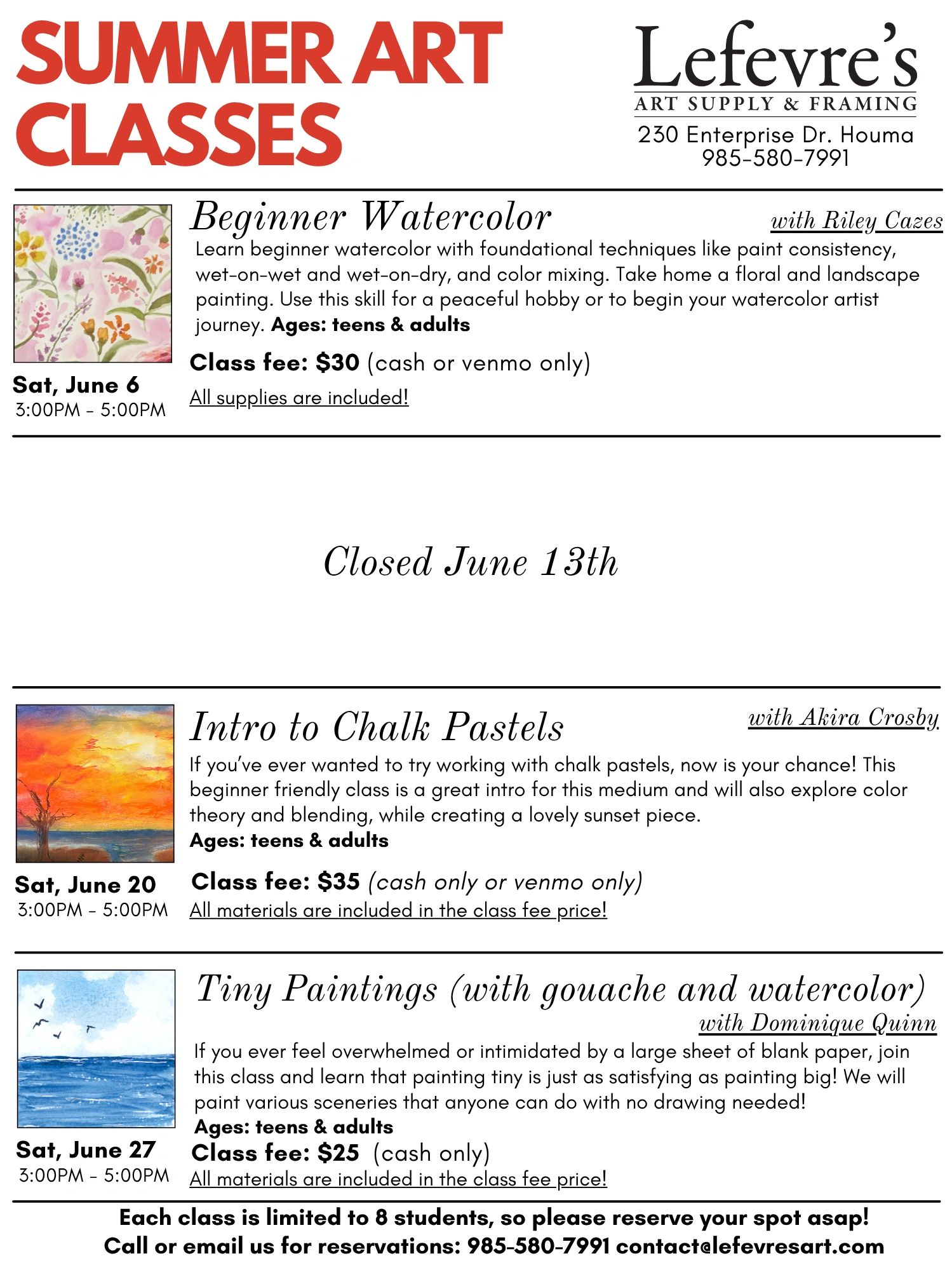 Flyer for Lefevre's summer art classes including watercolor, chalk pastels, and tiny paintings.