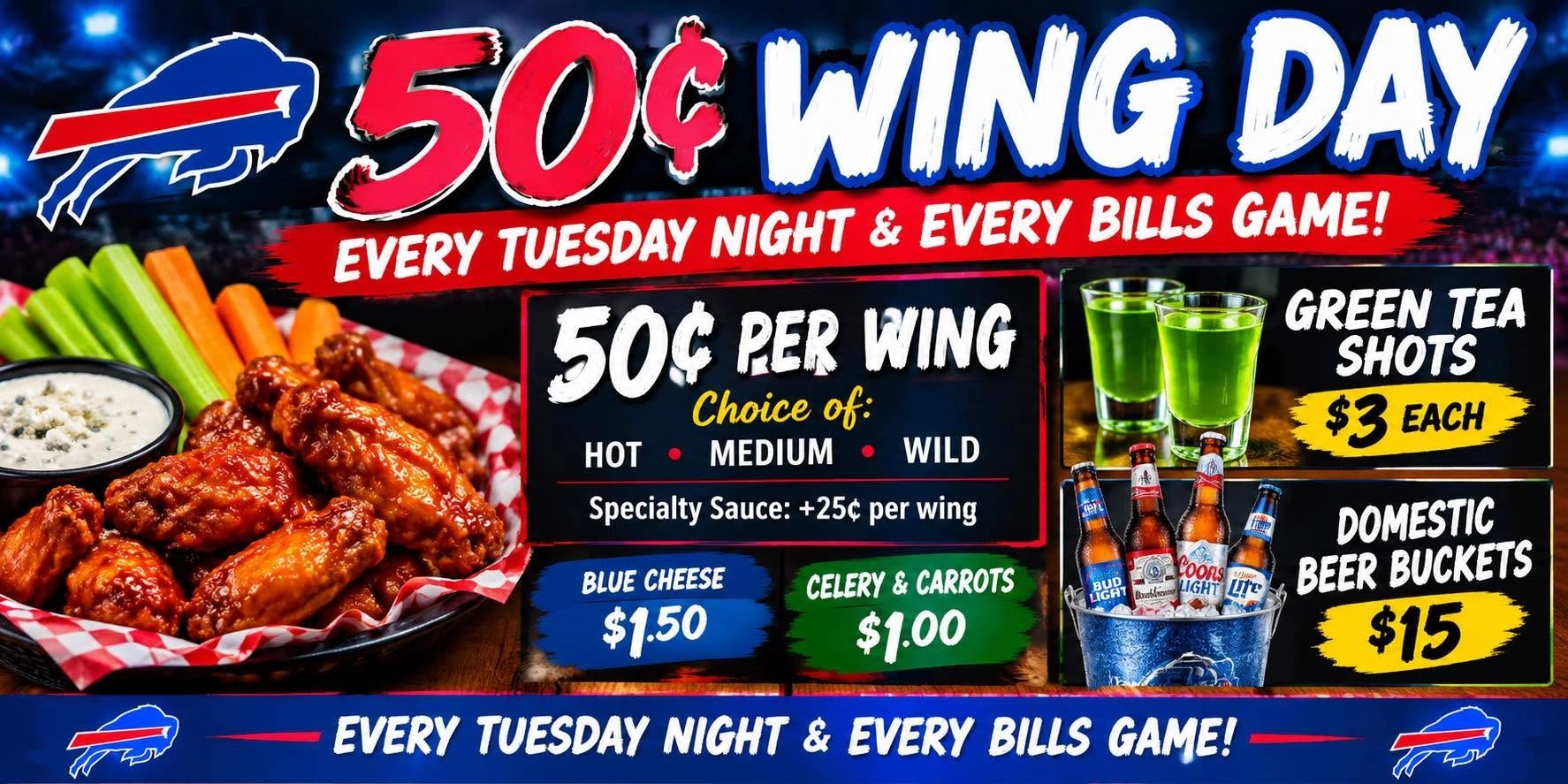 50 cent wings at Joey's Place on Tuesday nights and Buffalo Bills game days!