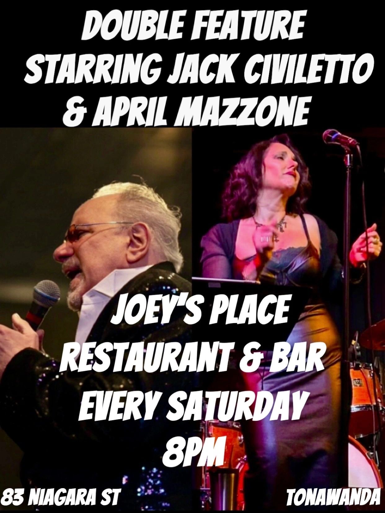 Live music by Jack Civiletto and April Mazzone at Joey's Place on Saturday Nights at 8pm