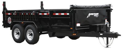 Homesteader 7x12 Dump trailer, black with rear Barn-spread doors and 6' ramps