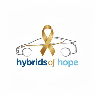 Logo featuring a car outline with a gold awareness ribbon and the text 'hybrids of hope'.