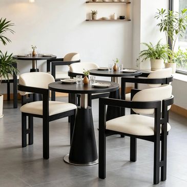 Modern dining area with black tables and white cushioned chairs.
