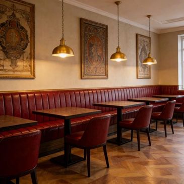 Elegant restaurant seating with red leather chairs and pendant lights.